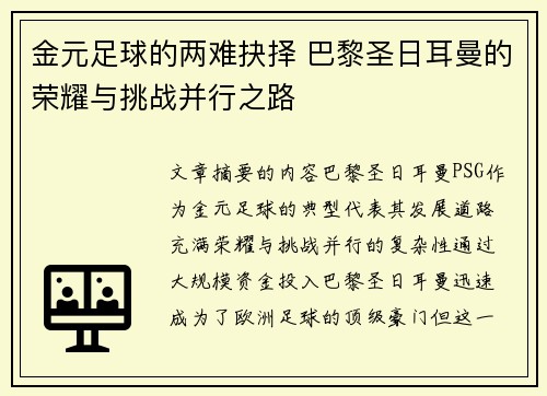 金元足球的两难抉择 巴黎圣日耳曼的荣耀与挑战并行之路